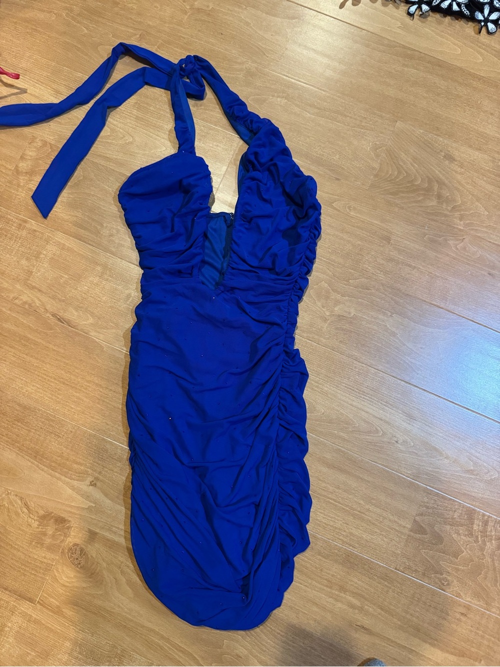 Akira Halter Plunge Ruched Bodycon Mini Dress Royal Blue
